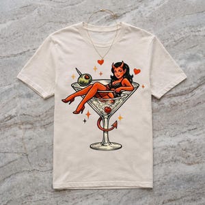 Martini Lover Shirt, Vintage Tattoo Flash Devil Girl Tee, Retro Pin Up Cocktail Shirt, Gothic Devil Babe Shirt, Bartender Gift