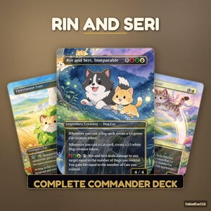 Pode incluir: Três cartas colecionáveis Magic: The Gathering com ilustrações estilo anime de gatos e cães. A carta central é Rin and Seri, Inseparable, mostrando um cão preto e branco e um gato laranja. O texto inclui nomes das cartas e regras.