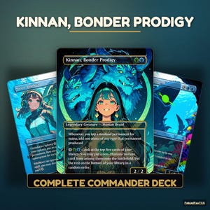 Könnte beinhalten: Eine Sammlung von drei Sammelkarten mit Illustrationen im Anime-Stil. Die mittlere Karte zeigt Kinnan, Bonder Prodigy, eine legendäre Kreatur in Blau- und Grüntönen, flankiert von Mystic Remora und einer weiteren Kreaturenkarte auf dunklem Grund.