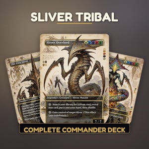 May include: Three Magic: The Gathering trading cards featuring Sliver creatures with detailed illustrations, parchment-style backgrounds, and text. The central card is Sliver Overlord, a 7/7 Legendary Creature, flanked by The First Sliver and another card.