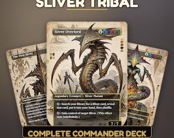May include: Three Magic: The Gathering trading cards featuring Sliver creatures with detailed illustrations, parchment-style backgrounds, and text. The central card is Sliver Overlord, a 7/7 Legendary Creature, flanked by The First Sliver and another card.