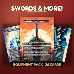May include: Three rectangular trading cards featuring fantasy sword illustrations. The center card displays the text Sword of Forge and Frontier, Artifact - Equipment, and game rules. The top text reads SWORDS & MORE! and the bottom text reads EQUIPMENT PACK - 36 CARDS.