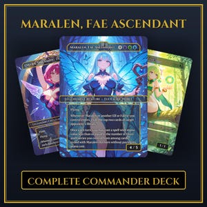 May include: A complete Commander deck featuring three fantasy art cards. The central card displays a blue-haired character with butterfly wings, the text "MARALEN, FAE ASCENDANT", and game instructions. The other cards feature similar fantasy art.