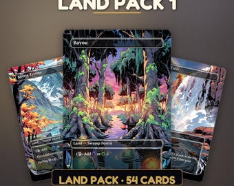 May include: A collection of three rectangular trading cards labeled LAND PACK 1 and LAND PACK 54 CARDS. The central card features a swamp forest illustration with large trees and a sunset. The side cards show a mountain landscape and a waterfall.