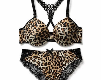 Lingerieset met luipaardprint, string met luipaardprint, lingerie met dierenprint, ondergoed met wilde print, kanten lingerieset, handgemaakte lingerie