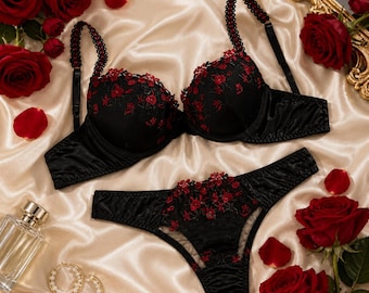 Black Red Floral Embroidered Lace Lingerie Set, Minimalist Floral Bra and Panty Set, Sheer Lace Bra and Panty, See Through Underwear