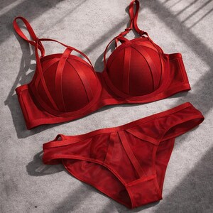 May include: A red lingerie set featuring a bra and matching underwear. The bra has structured cups with vertical satin-like accents and adjustable straps. The underwear has a sheer mesh design with similar accent details. The set is displayed on a gray surface.