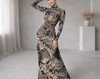 Women Mesh Print Maxi Dress, Turtleneck Long Sleeve Bodycon, Y2K Party Outfit, Sheer Long Sleeve Dress