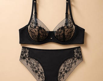 Sheer Bra, Transparent Lingerie, Mesh Lingerie Set, Lace Floral Lingerie, Black Lingerie, Gift For Her, Romantic Lingerie, Lingerie Set