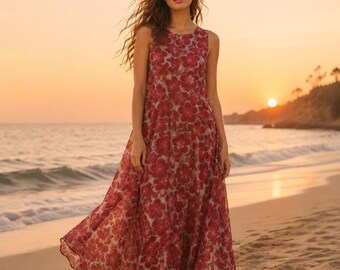 Kvinnors casual bomullsklänning, bohemisk blommig maxiklänning, lätt böljande sommarklänning, strandsemesteroutfit
