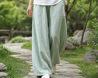 Pantaloni a gamba larga in cotone e lino, pantaloni harem comodi, pantaloni a sbuffo da donna con elastico in vita, pantaloni da casa minimalisti, pantaloni eleganti da spiaggia