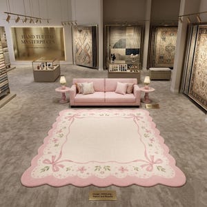 Può includere: Un tappeto rosa e bianco smerlato con un design a fiocco e floreale. Il tappeto si trova in uno showroom con un divano rosa, tavolini e vari tappeti esposti. Lo showroom presenta il testo "HAND TUFTED MASTERPIECES".