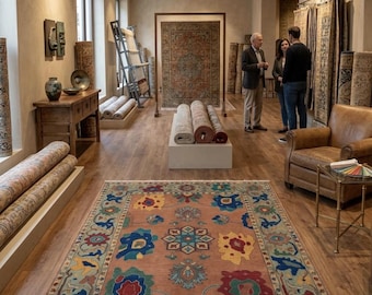 Alfombra de lana tejida a mano, alfombra floral terracota, alfombra de estilo oriental vintage, alfombra botánica colorida, decoración para sala de estar y dormitorio.