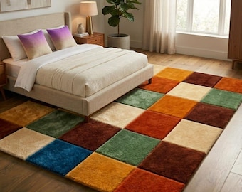 Kolorowy dywan w szachownicę, dywan w geometryczne bloki w stylu retro, dywan do sypialni w stylu mid-century modern, wielokolorowy dywan wełniany w patchwork, ręcznie robiony plusz