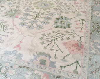 Hand Knotted Floral Pastel Rug, Tree of Life Wool Carpet, Vintage Oriental Area Rug, Ivory Sage Pink Handmade Rug, Soft Botanical Design