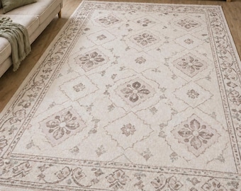 Alfombra neutra anudada a mano, alfombra beige con estampado floral de rombos, alfombra de lana de estilo vintage, alfombra minimalista para sala de estar, alfombra suave hecha a mano.