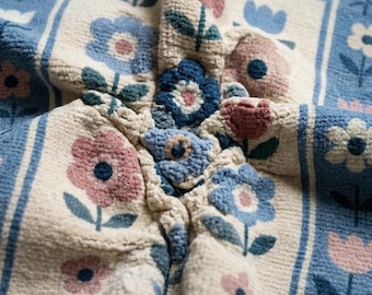 Alfombra floral en tonos pastel, alfombra de lana tejida a mano, alfombra azul y rosa, alfombra floral escandinava, alfombra moderna para habitación infantil, alfombra para sala de estar.