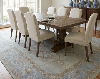 Handgeknoopt oushak-tapijt blauw beige vintage wollen tapijt Turkse stijl, groot tapijt, traditioneel tapijt met bloemenmedaillon, woonkamer slaapkamer