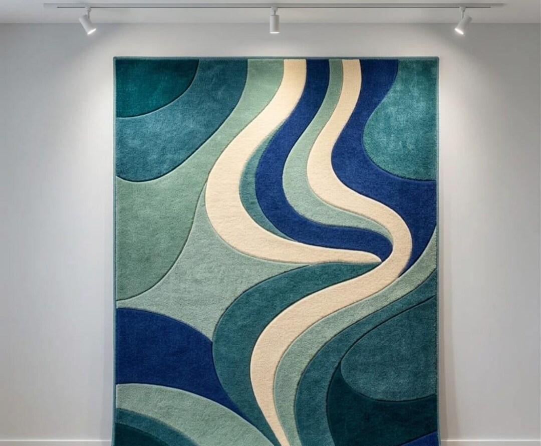 Abstract Blue Green Area Rug, Modern Wave Pattern Carpet, Teal Navy ...