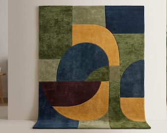 Moderner Geometrischer Abstrakter Bereich Teppich - Grün Blauer Senf Mid Century Moderner Teppich - Handgemachter getufteter zeitgenössischer Wohnzimmerteppich