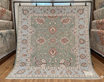 Alfombra Oushak vintage tejida a mano, alfombra tradicional verde y azul, alfombra floral de estilo turco, alfombra oriental con medallón, alfombra de lana hecha a mano para sala de estar.