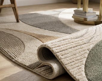 Modern Abstract Wave Area Rug, Neutral Sage Green & Beige Geometric Carpet, Hand Tufted Textured Living Room Rug, Contemporary Scandinavian