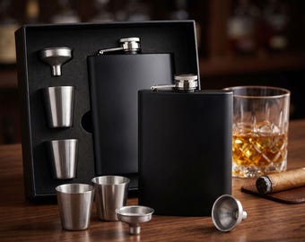 Personalized Flask Gift Set - Custom Engraved Matte Black Flask with Shot Glasses - Groomsmen Gift, Best Man Proposal, Gifts for Him, Dad