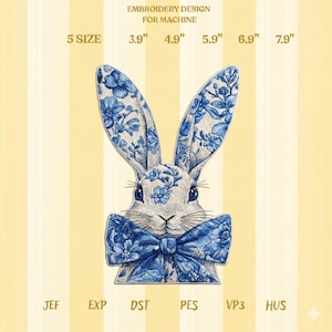 May include: An embroidery design for a machine featuring a rabbit with blue floral patterns on its ears and bow tie. The design is available in 5 sizes, ranging from 3.9" to 7.9" and includes file formats JEF, EXP, DST, PES, VP3, and HUS. The background has yellow and white vertical stripes.