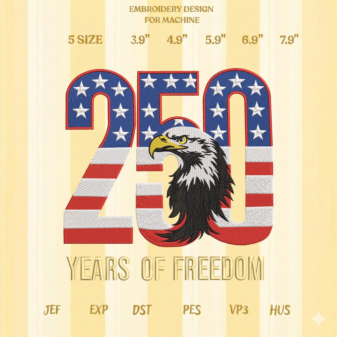 250 Embroidery Design With Bald Eagle Head, Patriotic USA Flag Number ...