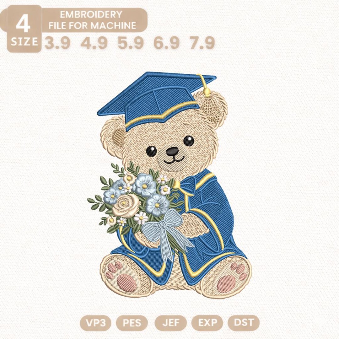 Graduation Teddy Bear Embroidery Design, Bear With Bouquet and Cap ...