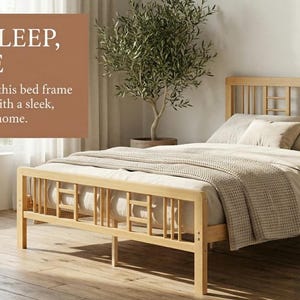 May include: A light-colored bamboo bed frame with a minimalist design. The bed is made with natural materials and features a headboard with vertical slats. The bed is covered with neutral-toned bedding and a throw blanket. The image includes the text: SUSTAINABLE SLEEP, MODERN STYLE.