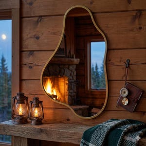 May include: A gold-framed, organically shaped mirror hangs on a wooden wall. Two antique-style lanterns sit on a wooden shelf, reflecting the warm glow of a fireplace. A compass and journal hang nearby, with a green and white plaid blanket.