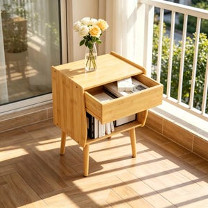 May include: A light brown bamboo bedside table with a drawer and a lower shelf. The drawer is partially open, revealing books and small boxes. A vase of yellow and white roses sits on top. The table is on a balcony.