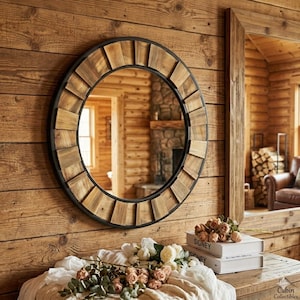 May include: A round mirror with a black metal frame and a decorative wooden border made of rectangular pieces. The mirror hangs on a wooden wall. The reflection shows a rustic interior with a fireplace and log cabin style.