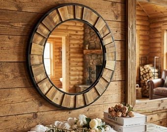 Lustro drewniane Sunburst o wymiarach 30"x30", rustykalna, okrągła dekoracja ścienna w stylu boho farmhouse