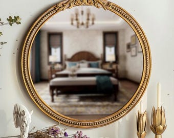 Miroir mural rond doré baroque de 61 cm (24 po.), cadre sculpté orné, meuble-lavabo victorien antique