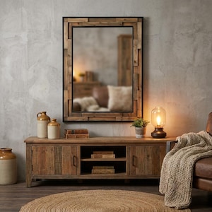 May include: A rectangular mirror with a black frame and a mosaic-style wooden border hangs above a wooden cabinet. The cabinet has two doors and an open shelf. A lamp, pottery, and a small plant are on the cabinet.