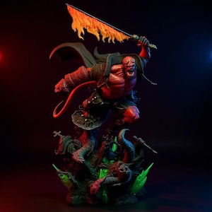 May include: A detailed statue of a red-skinned demon-like figure, Hellboy, wielding a flaming sword. The figure is posed dynamically above a base with tentacles and glowing green crystals. The statue has a dark, dramatic color scheme.