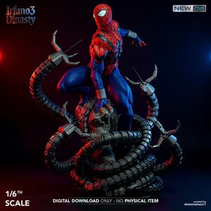 May include: A detailed statue of Spider-Man in a dynamic pose, atop a skull and mechanical tentacles. The figure is in a red and blue suit. The image includes the text "Irfano3 Dinasty", "NEW 2026", "1/6th Scale", and "DIGITAL DOWNLOAD ONLY - NO PHYSICAL ITEM".