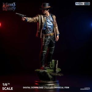 May include: A detailed figurine of a man in a cowboy outfit, holding a gun. He wears a brown jacket, blue shirt, and black pants. The base features a cactus and a sign. The text "Irfano3 Dinasty" is visible. The scale is 1/6th.