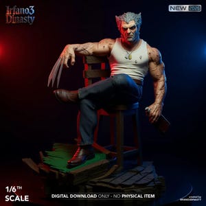 May include: A detailed figurine of a muscular character with metal claws, wearing a white tank top and jeans, seated on a wooden stool. The figure holds a bottle and has a stern expression. The text "Irfano3 Dinasty" and "1/6th Scale" are visible.