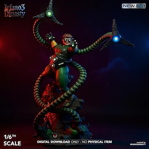 May include: A detailed statue of Doctor Octopus, a comic book villain, in a dynamic pose. The figure is predominantly green and black, with four mechanical tentacles extending from his back. The statue is labeled as 1/6th scale and a digital download.