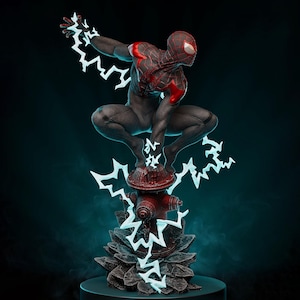 May include: A dynamic statue of a superhero in a black and red suit, poised in a crouch. The figure is surrounded by stylized, glowing white lightning bolts. The statue is mounted on a red fire hydrant base, with a dark, textured pedestal.