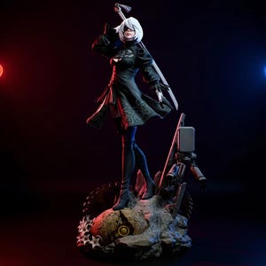 May include: A detailed figurine of a character in a black dress, white hair, and a blindfold, holding a large sword. The figure stands on a detailed base with a mechanical device. The background is dark with red and blue lighting.