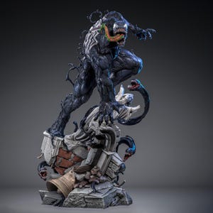 May include: A detailed black Venom figurine with a white spider emblem on its chest, long tongue, and sharp teeth, standing on a base of broken stone pillars, red brick fragments, and a metallic bell, with smaller black tendrils emerging from the base.