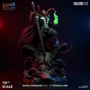 Puede incluir: Estatua detallada de un personaje de la serie Irfano3 Dinasty. La figura, sosteniendo una espada y una llama verde, está vestida de blanco y negro. La estatua está montada sobre una base detallada. El texto "NEW 2026" y "1/6th Scale" son visibles.