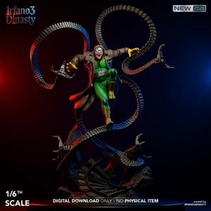 Op de afbeelding: Een gedetailleerd beeld van een stripfiguur, met een groen en geel kostuum, bruine jas en mechanische tentakels. De figuur is dynamisch geposeerd, met de tekst "Irfano3 Dinasty" en "1/6th Scale" zichtbaar. De tekst "Digital Download Only - No Physical Item" is ook aanwezig.