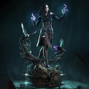 May include: A detailed figurine of a dark-haired figure wearing a black corset, skirt, and boots, standing on a base with a skull and twisted branches. Two black ravens with purple accents flank the figure, who holds glowing purple energy.