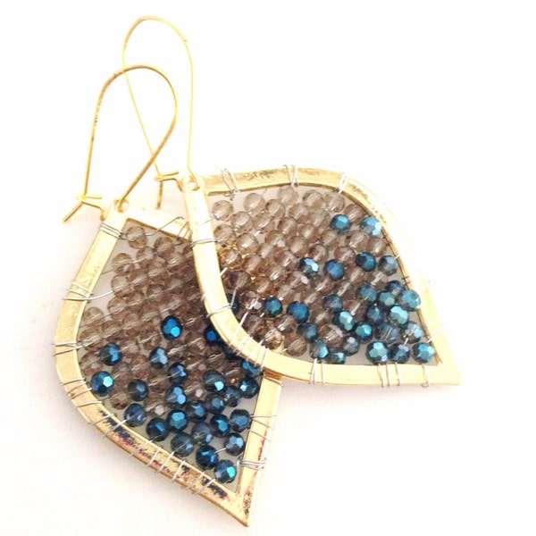 LAST PAIR! Wire Wrapped Gold Beaded Teardrops Smokey Quartz Sapphire Blue