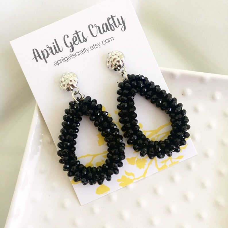 Black Statement Earrings Black Beaded Open Teardrop Earrings